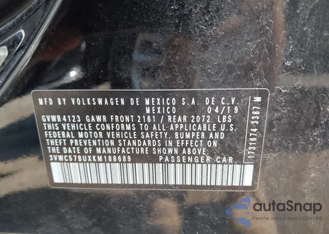 2019 Volkswagen Jetta 1.4T R-Line/1.4T S/1.4T Se из США, поврежденный, VIN 3VWC57BUXKM188689